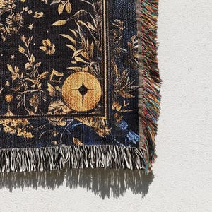 Celestial sun and moon floral woven fringed tapestry blanket