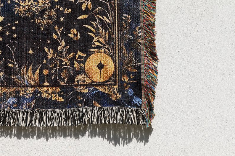 Celestial sun and moon floral woven fringed tapestry blanket