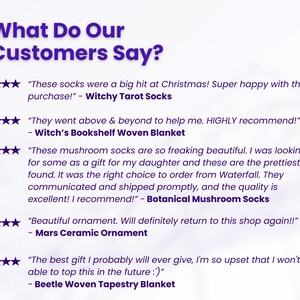 May include: A screenshot of a website displaying customer reviews for a range of products. The reviews are all positive and include quotes from customers about their experiences with the products. The products include socks, blankets, and ornaments.