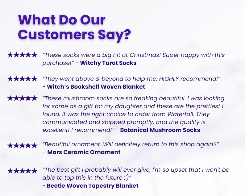 May include: A screenshot of a website displaying customer reviews for a range of products. The reviews are all positive and include quotes from customers about their experiences with the products. The products include socks, blankets, and ornaments.