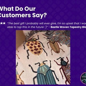 May include: A white woven tapestry blanket with a colorful beetle design. The blanket features a variety of beetles in different colors and patterns, including yellow, brown, blue, and green. The blanket is made of a soft, comfortable material and is perfect for adding a touch of whimsy to any room.