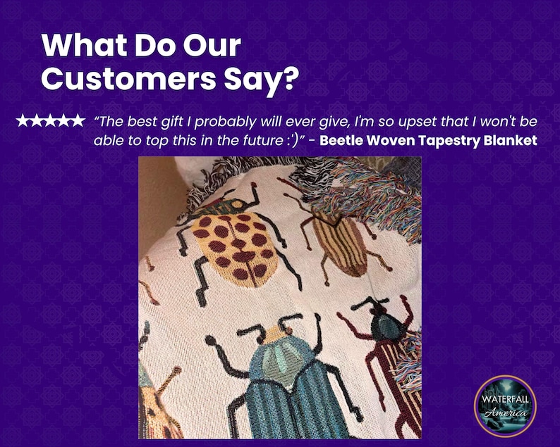 May include: A white woven tapestry blanket with a colorful beetle design. The blanket features a variety of beetles in different colors and patterns, including yellow, brown, blue, and green. The blanket is made of a soft, comfortable material and is perfect for adding a touch of whimsy to any room.
