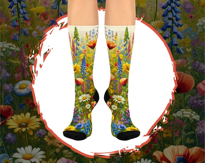 Wildflower Print Crew Socks, Cottagecore Floral Accessory