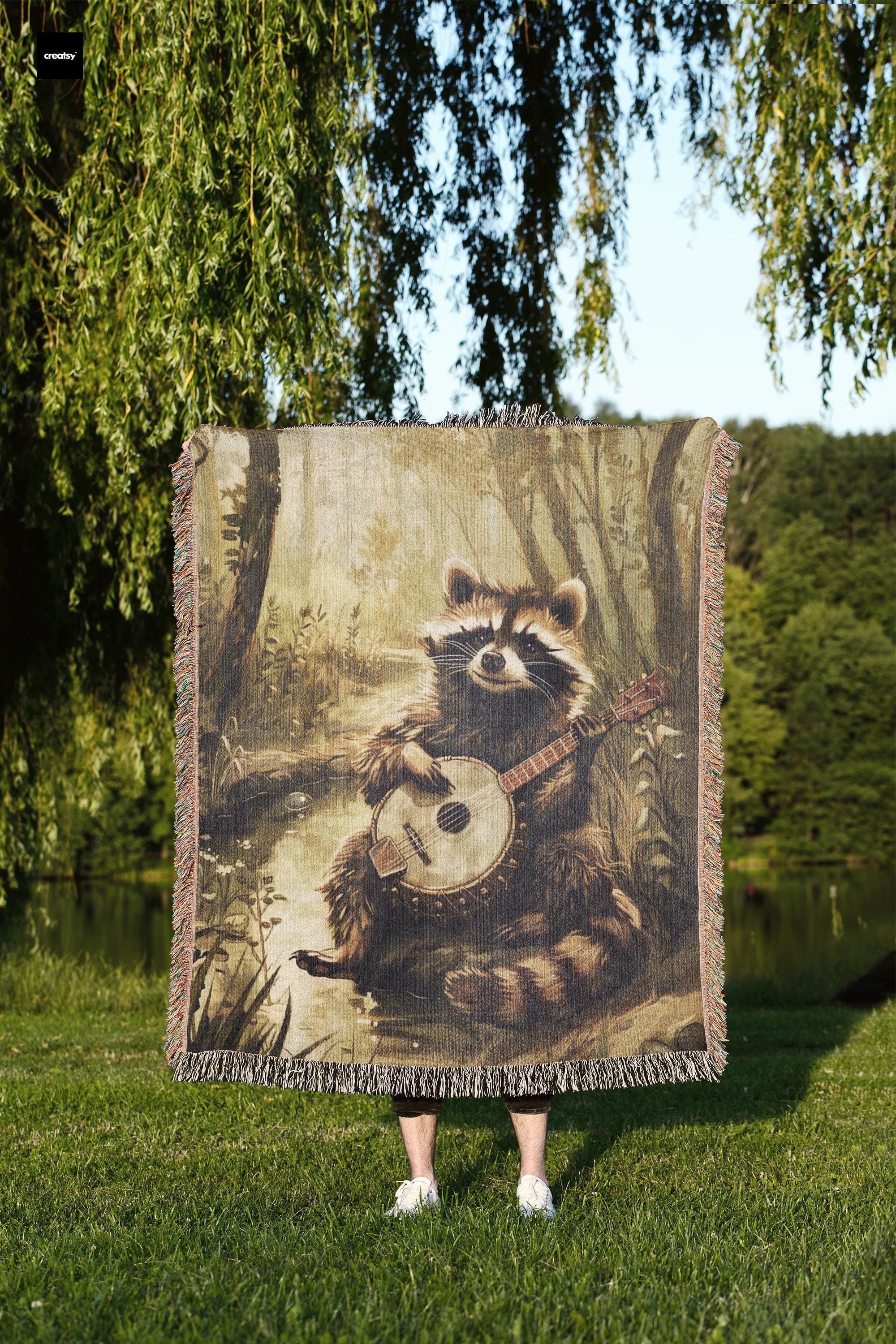 Banjo Raccoon Woven Blanket, Vintage Animal Print Tapestry, Cotton