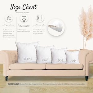 May include: A size chart for throw pillows with four different sizes: 20x20 inches, 18x18 inches, 16x16 inches, and 14x14 inches. The pillows are shown on a light beige sofa. The chart also includes details about the pillow materials and zipper.