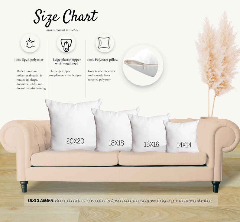 May include: A size chart for throw pillows with four different sizes: 20x20 inches, 18x18 inches, 16x16 inches, and 14x14 inches. The pillows are shown on a light beige sofa. The chart also includes details about the pillow materials and zipper.
