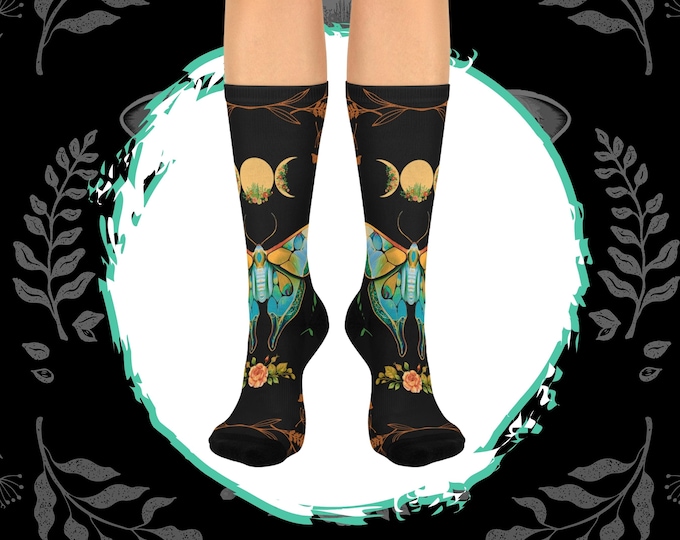 Luna Moth Socks, Moon Phases Lover Gift, Witchy Cottagecore Gift Socks, Fairycore Mushroom Everyday Socks, Goblincore Stocking Stuffer
