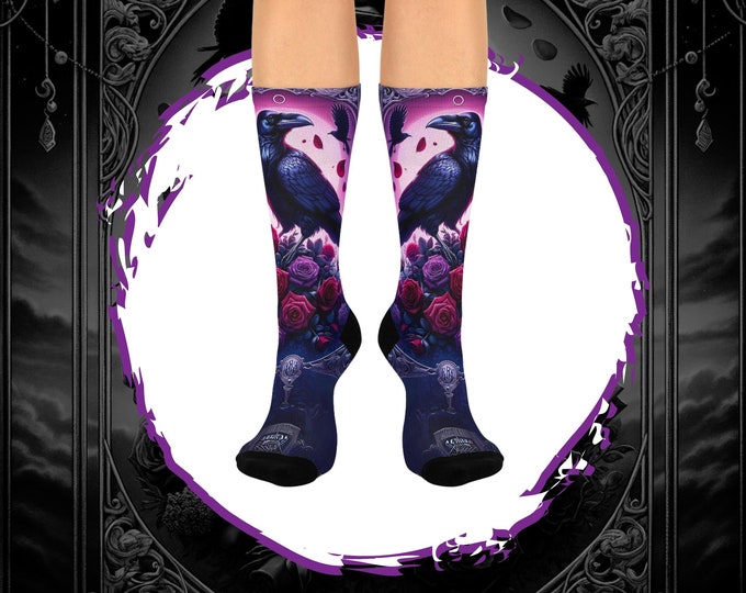 Raven Roses Tarot Socks, Gothic Lover Gift, Witchy Cottagecore Cozy Socks, Casual Socks, Fairycore Goblincore Stocking Stuffer for Her