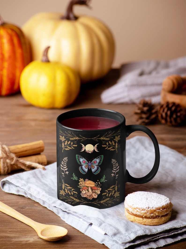 Moon Phases Cottagecore Mug, Moon Phases Moth Coffee Mug, Moth Cottagecore Cup, Coffee Lover Gift, Moon Lover Mug, Cottagecore Gift Mug image 2