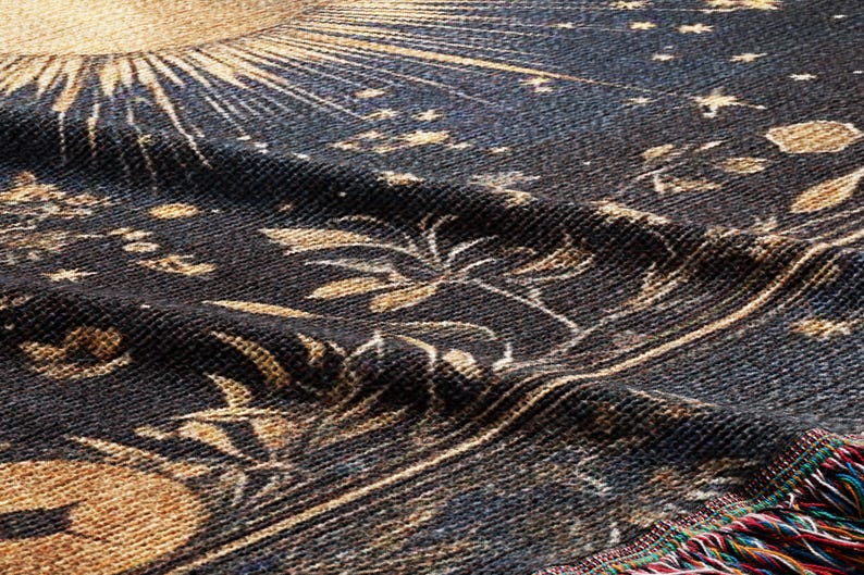 Celestial sun and moon floral woven fringed tapestry blanket