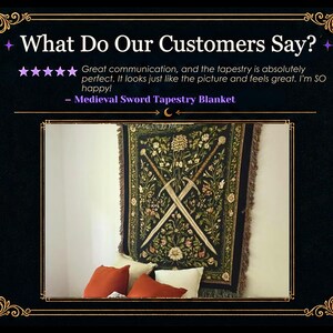 May include: A tapestry blanket with a floral and sword design. The tapestry is green, black, and beige, with two crossed swords in the center. The text "What Do Our Customers Say?" is at the top.