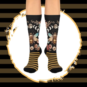 Cottagecore Bee Socks, Moon Phases Lover Gift, Witchy Cottagecore Gift for Her, Fairycore Moth Everyday Socks, Goblincore Stocking Stuffer