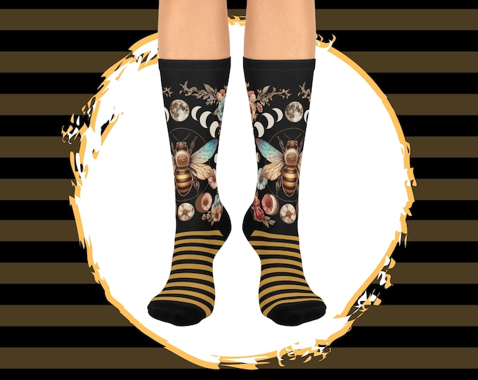 Cottagecore Bee Socks, Moon Phases Lover Gift, Witchy Cottagecore Gift for Her, Fairycore Moth Everyday Socks, Goblincore Stocking Stuffer