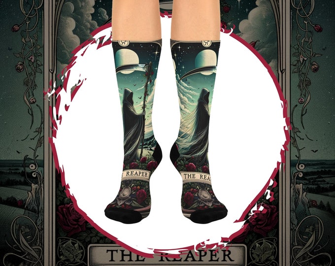 Grim Reaper Socks, Gothic Tarot Lover Gift, Witchy Cottagecore Cozy Socks, Halloween Casual Socks, Goblincore Stocking Stuffer for Her
