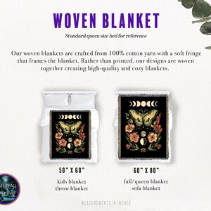 May include: Two woven blankets featuring a butterfly and moon design. The smaller blanket measures 50 inches by 60 inches and is labelled "kids blanket, throw blanket". The larger blanket measures 60 inches by 80 inches and is labelled "full/queen blanket, sofa blanket".