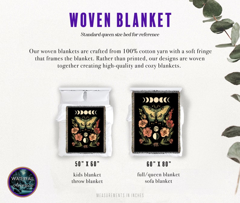 May include: Two woven blankets featuring a butterfly and moon design. The smaller blanket measures 50 inches by 60 inches and is labelled "kids blanket, throw blanket". The larger blanket measures 60 inches by 80 inches and is labelled "full/queen blanket, sofa blanket".