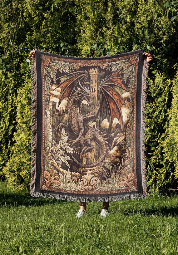 Dragon Lover Woven Blanket, Gothic Fairytale Decor, Fantasy Medieval Dragon Gift, Cottagecore Jacquard Throw Blanket