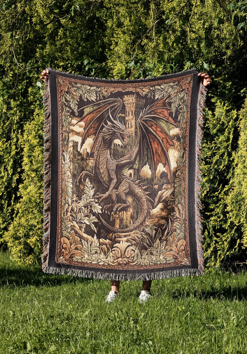 Medieval flying dragon woven tapestry blanket