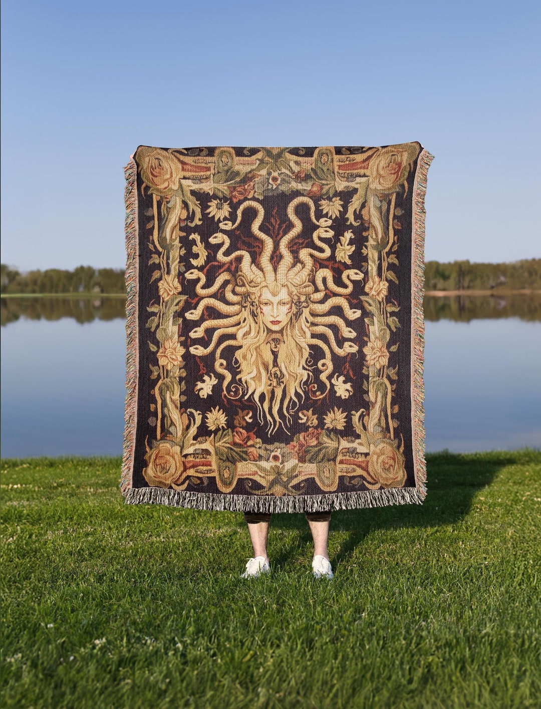 Medusa Floral Woven Blanket, Cottagecore Greek Monster Tapestry Home