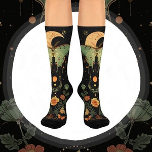 Luna Moth Socks, Moon Phases Lover Gift, Witchy Cottagecore Gift Socks, Fairycore Floral Everyday Socks, Goth Goblincore Gift for Her