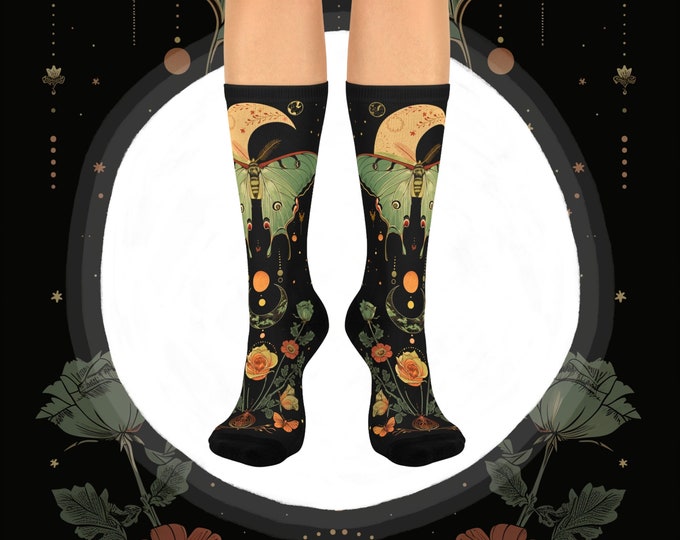 Luna Moth Socks, Moon Phases Lover Gift, Witchy Cottagecore Gift Socks, Fairycore Floral Everyday Socks, Goth Goblincore Gift for Her