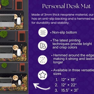 May include: A black desk mat with a celestial design featuring a moon, stars, and flowers. The mat is made of 3mm thick neoprene material with an anti-slip backing and a hemmed edge. It is available in three sizes: 12" x 18", 12" x 22", and 15.5" x 31".