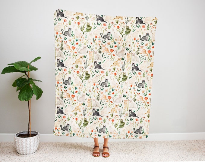 Cottagecore Cat Blanket, Botanical Floral Retro Decor, Fairycore Cat Push Fleece Throw, Pet Blanket Cat Velveteen Blanket, Cat Lover Gift