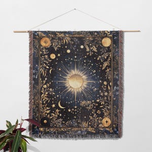 Celestial sun and moon floral woven fringed tapestry blanket