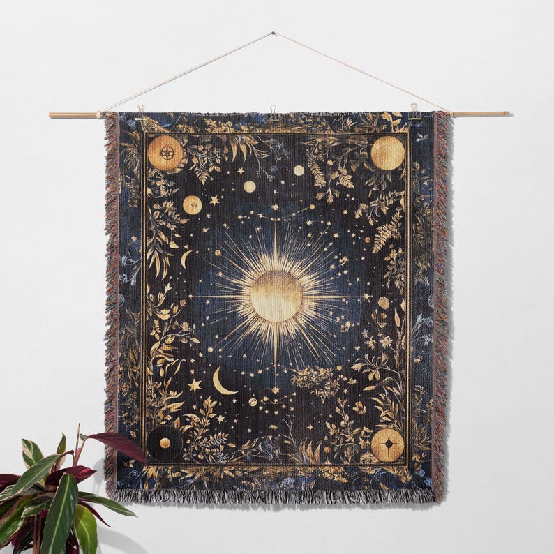 Celestial sun and moon floral woven fringed tapestry blanket