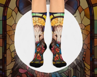 Possum Socks, Possum Lover Gift, Funny Animal Print Gift Socks, Cute Opossum Accessories, Unisex Stained Glass Print Socks for Him or Her