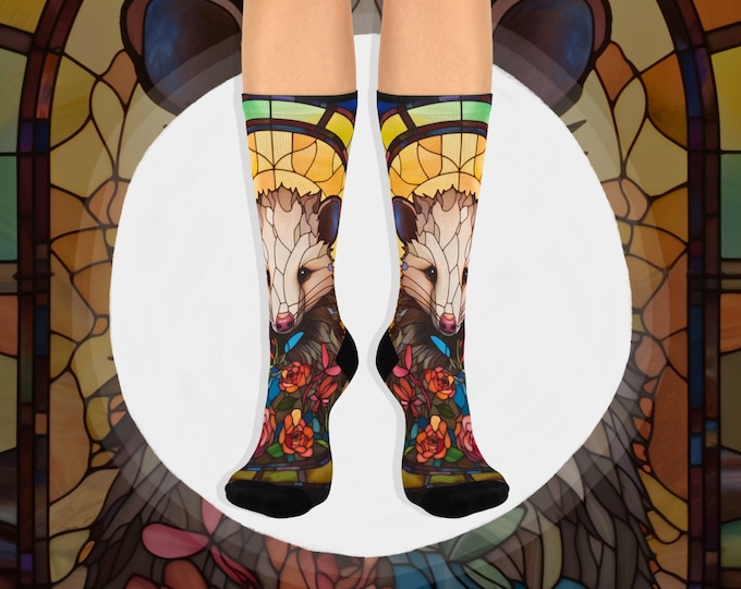 Possum Socks, Possum Lover Gift, Funny Animal Print Gift Socks, Cute Opossum Accessories, Unisex Stained Glass Print Socks for Him or Her