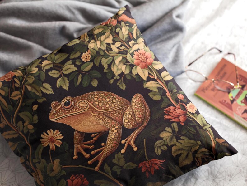 Floral cottagecore frog and toad lover stuffed throw pillow and pillowcase decor