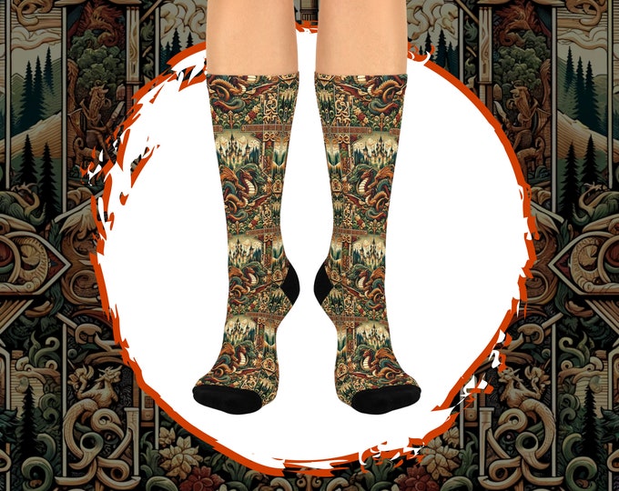 Fantasy Dragon Crew Socks, Cottagecore Castle Print