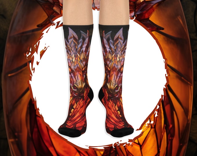 Stained Glass Dragon Crew Socks, Fantasy Cottagecore Gift