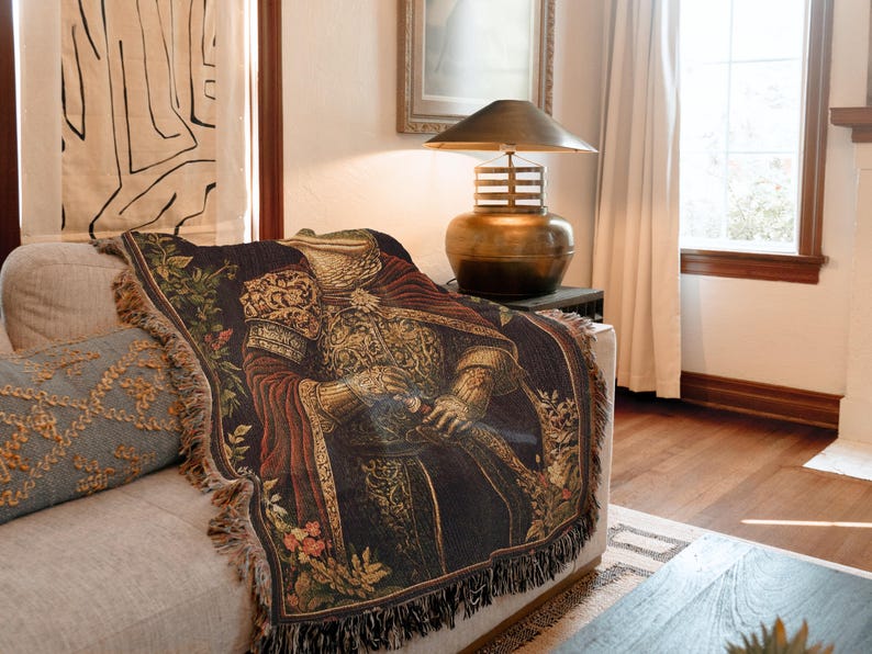 Medieval knight frog lover woven tapestry blanket decor