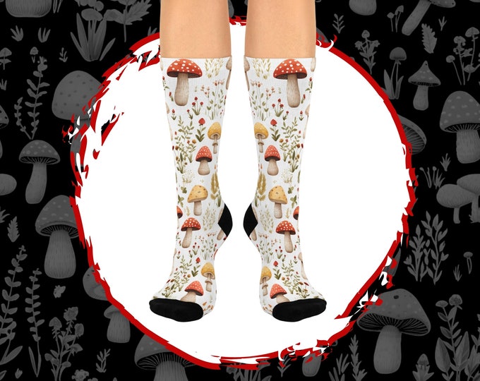 Cottagecore Mushroom Socks, Botanical Print Crew Socks