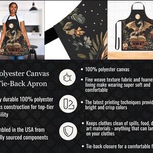 May include: A black tie-back apron with a fantasy design featuring a dragon, books, and a full moon. The apron is made of polyester canvas and has a tie-back closure. The apron is assembled in the USA.