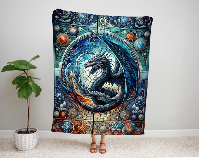 Stained Glass Dragon Blanket, Gothic Fantasy Plush Blanket