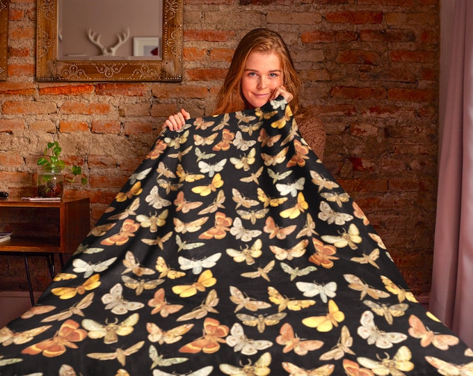 Moth Print Sherpa Blanket, Cottagecore Insect Throw
