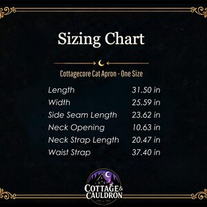 May include: A sizing chart for a Cottagecore Cat Apron, with measurements in inches. The chart includes length, width, side seam length, neck opening, neck strap length, and waist strap dimensions. The image has a dark background with decorative gold borders and the Cottage & Cauldron logo.
