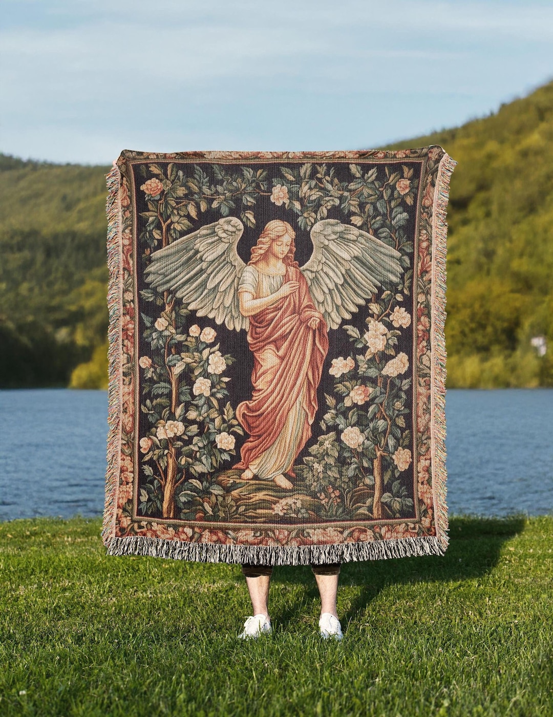 Angel Floral Woven Blanket, Cottagecore Religious Tapestry Home Decor ...