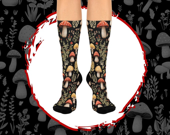Cottagecore Mushroom Socks, Botanical Fungi Crew Socks