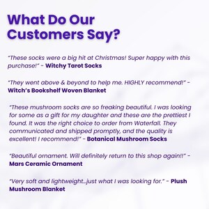 May include: A collage of customer reviews for various products, including socks, blankets, and ornaments. The text highlights the positive experiences customers have had with the products and the seller.