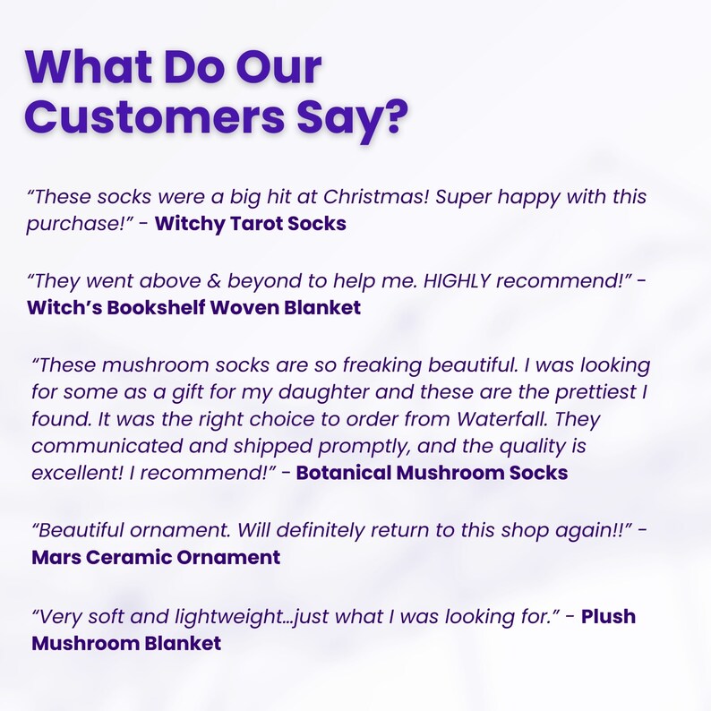 May include: A collage of customer reviews for various products, including socks, blankets, and ornaments. The text highlights the positive experiences customers have had with the products and the seller.