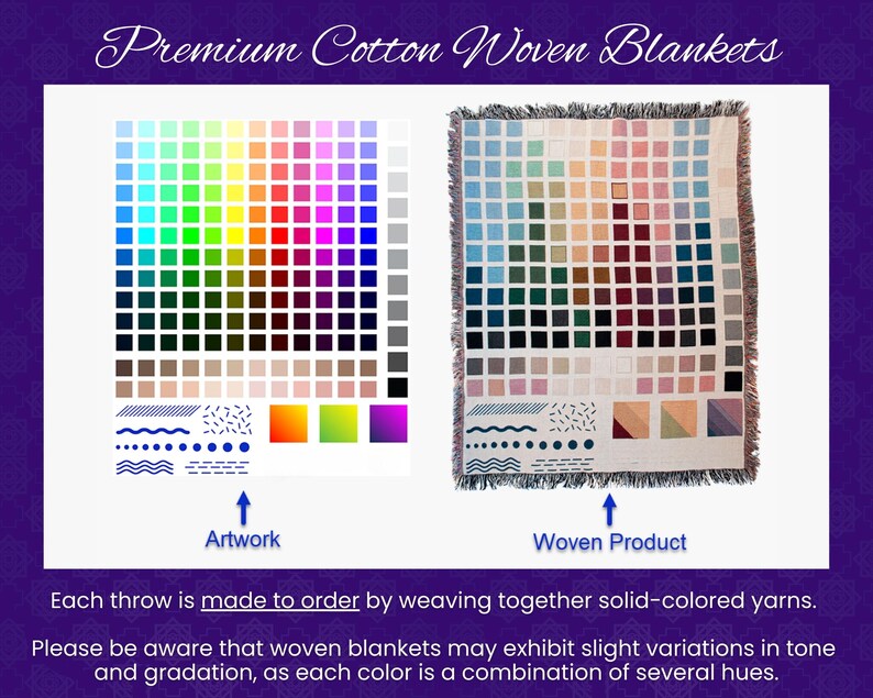 May include: A color chart showing a variety of colors in a grid pattern. The chart is labeled "Artwork". A woven blanket with the same color pattern is shown below the chart and labeled "Woven Product". The text "Each throw is made to order by weaving together solid-colored yarns." is below the images. The text "Please be aware that woven blankets may exhibit slight variations in tone and gradation, as each color is a combination of several hues." is below the previous text.