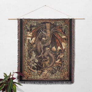 Medieval flying dragon woven tapestry blanket