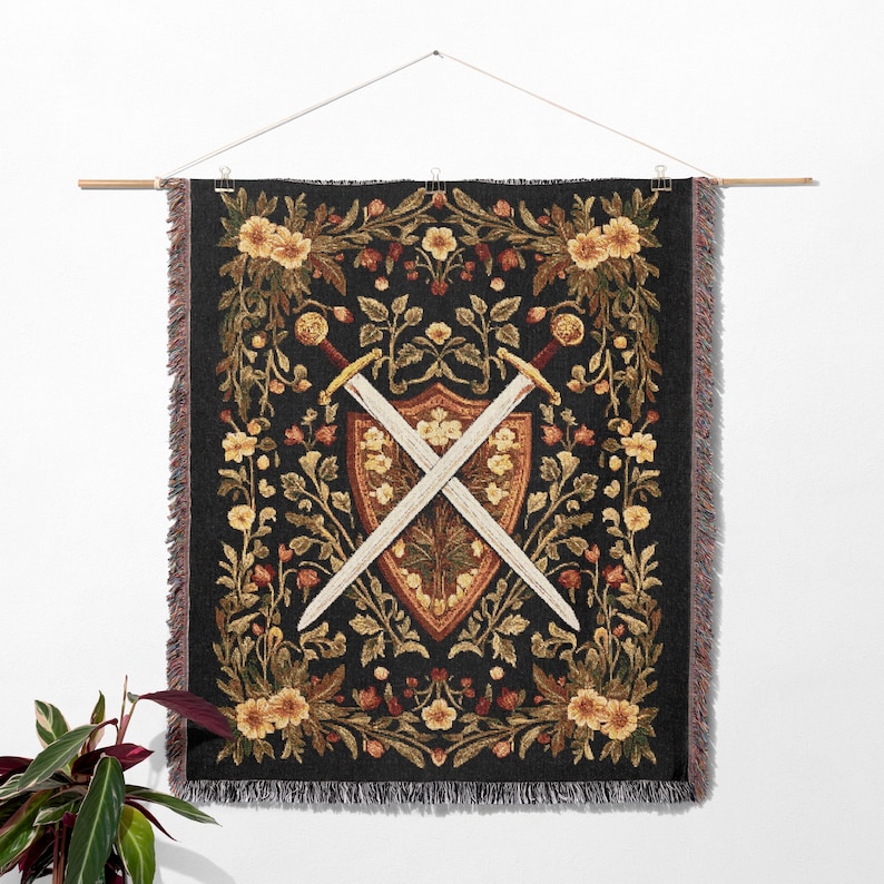 Medieval Sword Tapestry Blanket, Woven Floral Gothic Wall Art, Fantasy Crossed Swords Decor, Warrior Aesthetic Throw Blanket, DnD Lover Gift