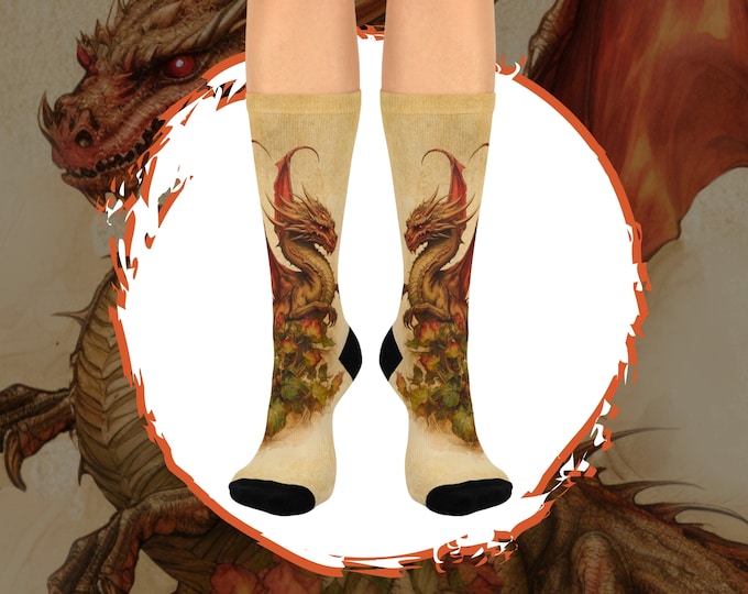 Botanical Dragon Socks, Dragon Lovers Gift, Fantasy Cottagecore Gift Socks, Dragon Everyday Socks, Socks for Her or Him, Witchy Fantasy Gift