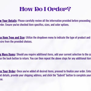Puede incluir: Un fondo blanco con texto morado que dice "How Do I Order?" seguido de instrucciones sobre c&oacute;mo revisar los detalles, elegir el tipo y tama&ntilde;o del art&iacute;culo, agregar m&aacute;s art&iacute;culos y finalizar el pedido.