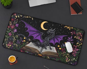 Bookish Dragon Desk Mat, Fantasy Book Lover Mouse Pad, DnD or RPG Gamer Gift